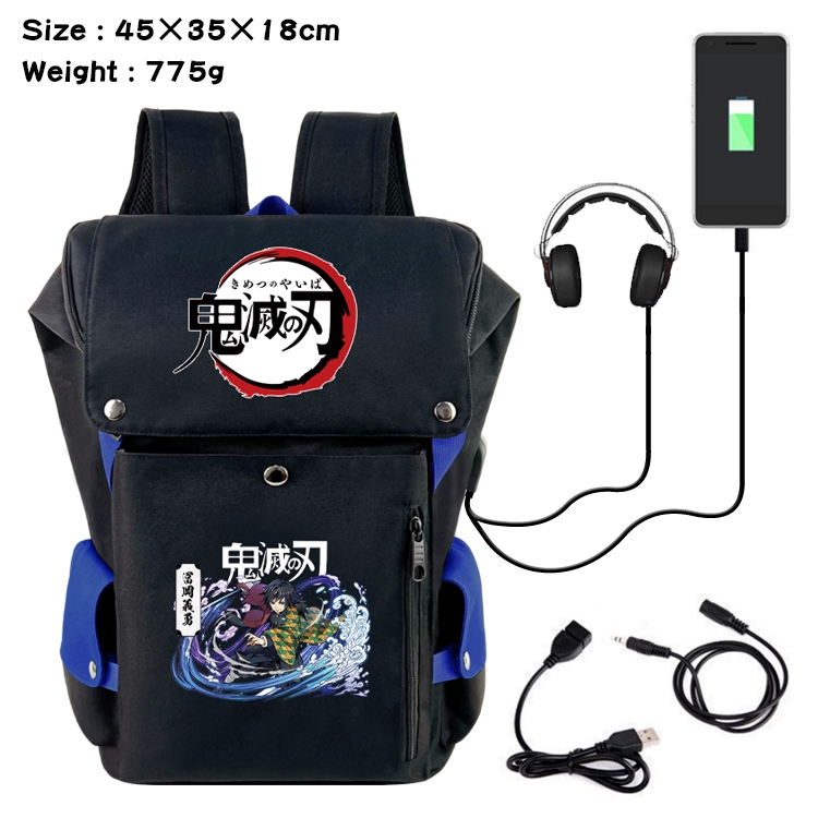 Demon Slayer Kimets Anime Canvas Bucket Data Cable Backpack School Bag 45X35X18CM 775G