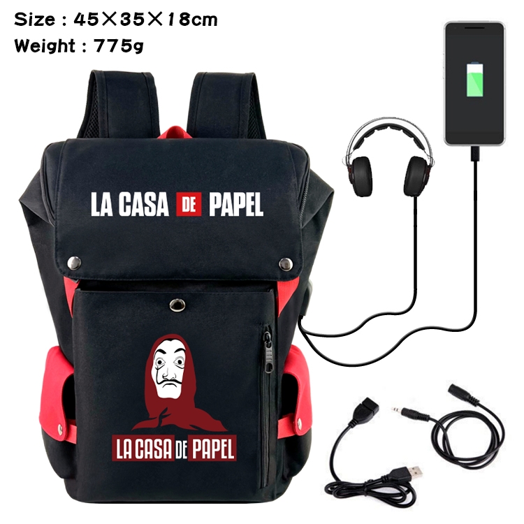 Money Heist Anime Canvas Bucket Data Cable Backpack 45X35X18CM