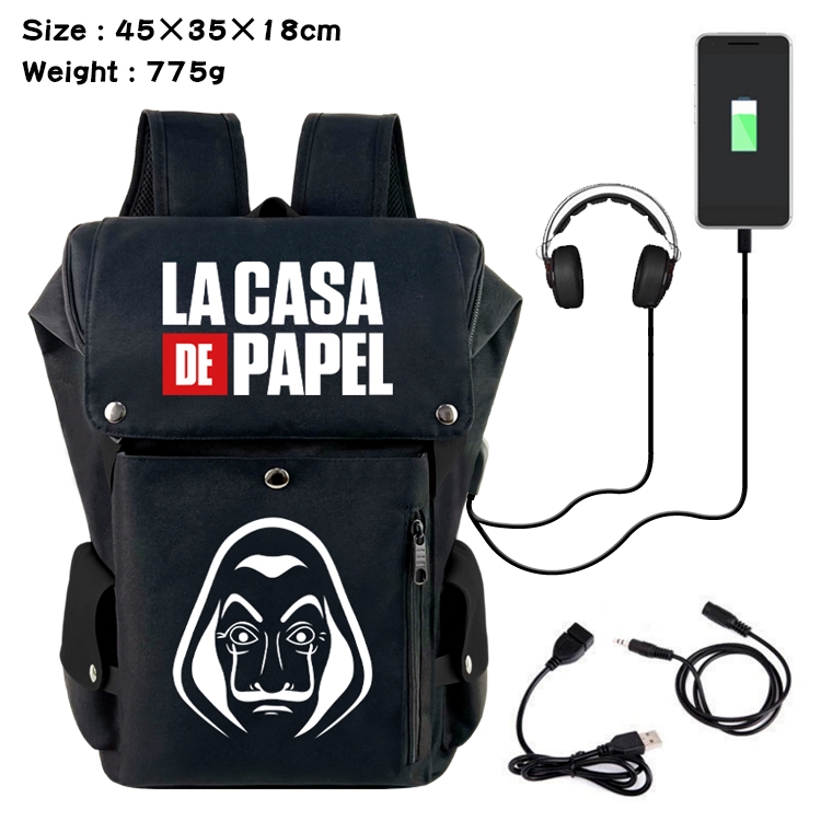 Money Heist Anime Canvas Bucket Data Cable Backpack 45X35X18CM