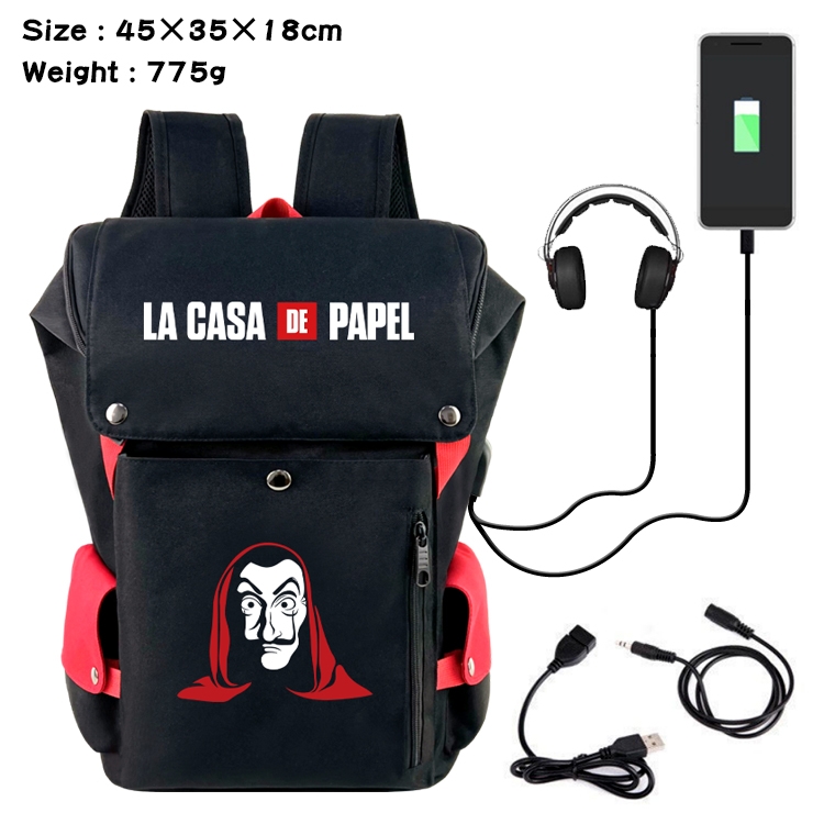Money Heist Anime Canvas Bucket Data Cable Backpack 45X35X18CM