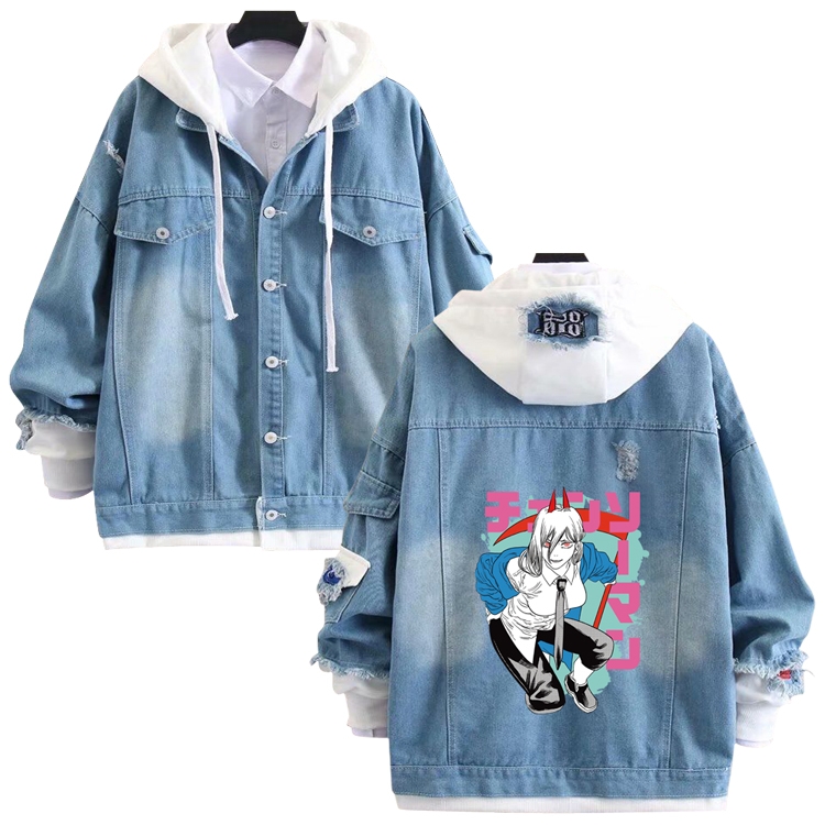 chainsaw man anime stitching denim jacket top sweater from S to 4XL