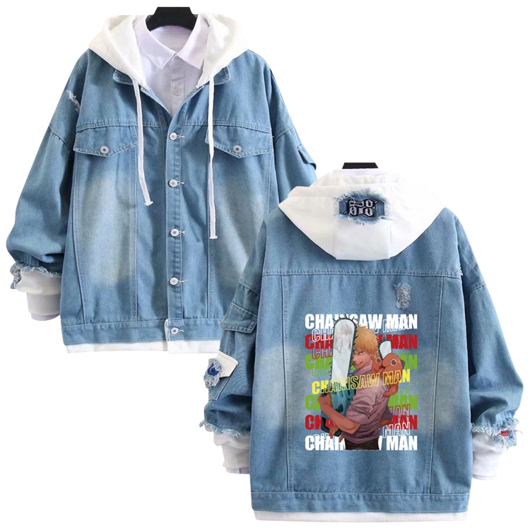 chainsaw man anime stitching denim jacket top sweater from S to 4XL