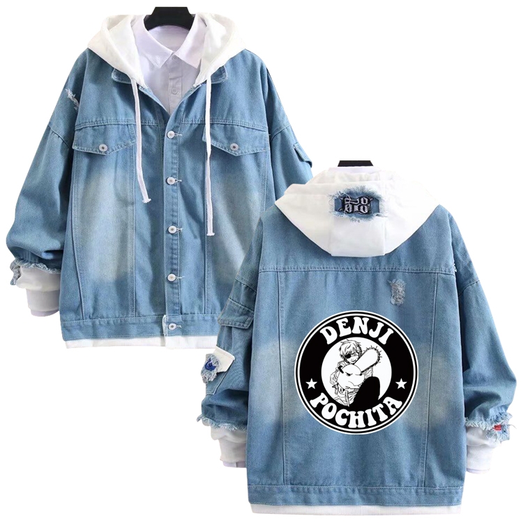 chainsaw man anime stitching denim jacket top sweater from S to 4XL
