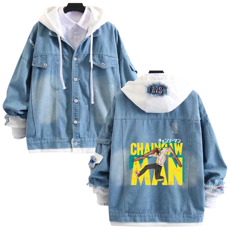 chainsaw man anime stitching denim jacket top sweater from S to 4XL