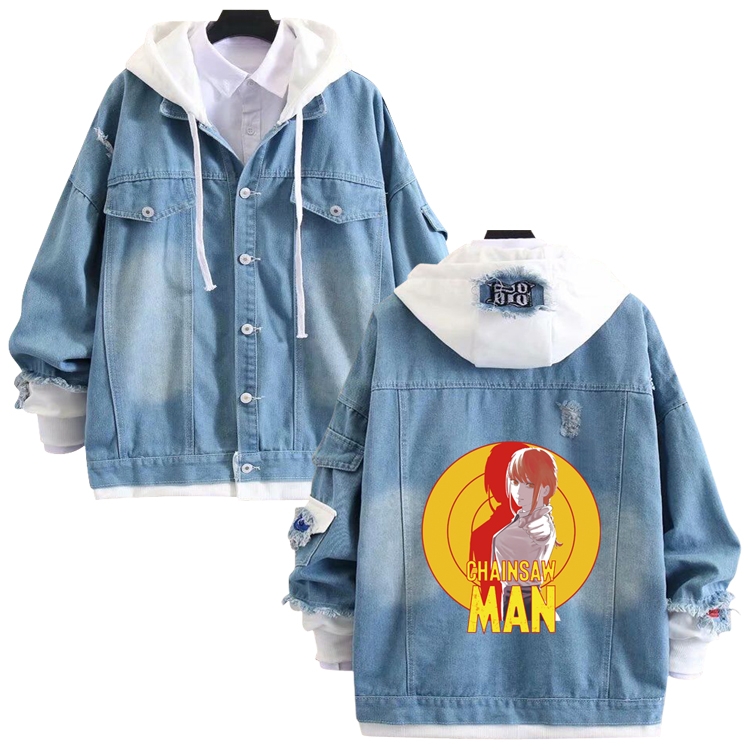 chainsaw man anime stitching denim jacket top sweater from S to 4XL