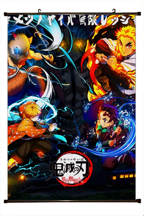 Demon Slayer Kimets Anime black Plastic rod Cloth painting Wall Scroll 60X90CM  G4-439