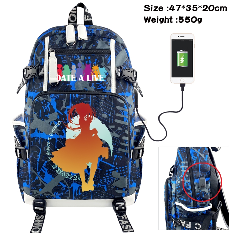 Date-A-Live Anime data cable camouflage print backpack schoolbag 47x35x20cm