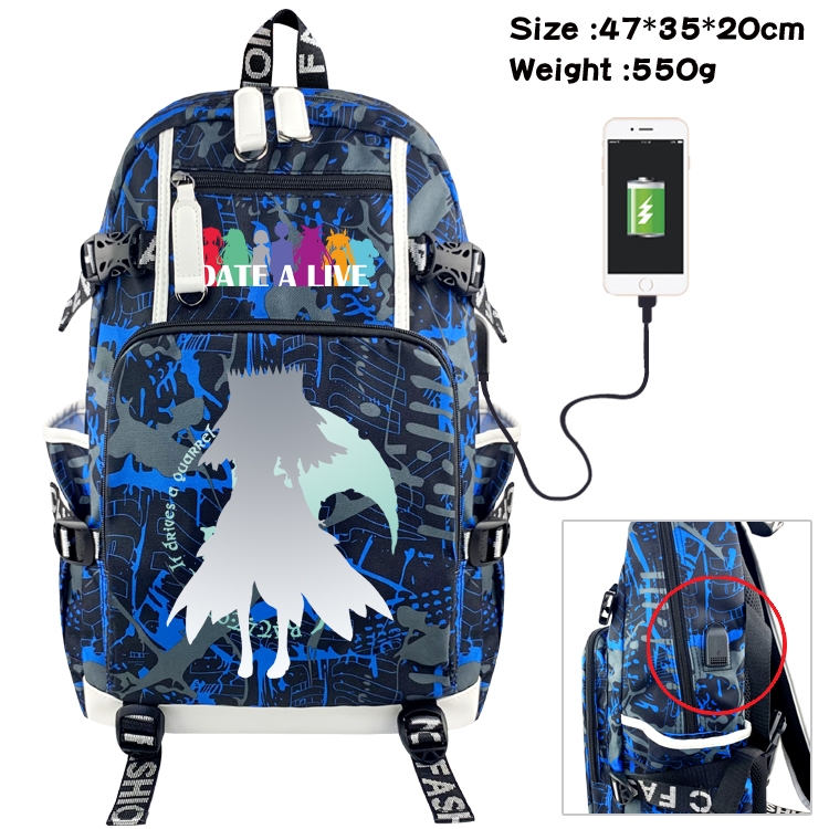 Date-A-Live Anime data cable camouflage print backpack schoolbag 47x35x20cm