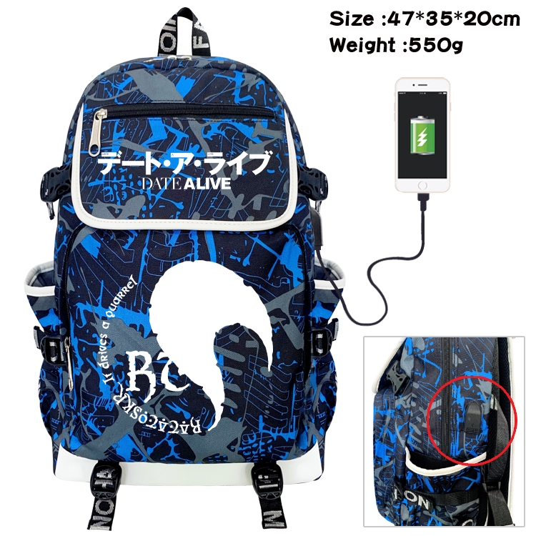 Date-A-Live Camouflage Waterproof Canvas Flip Backpack Student Schoolbag 47X35X20CM