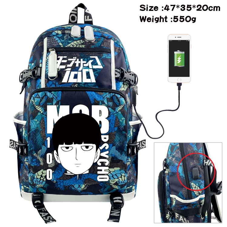 Mob Psycho 100 Anime data cable camouflage print backpack schoolbag 47x35x20cm