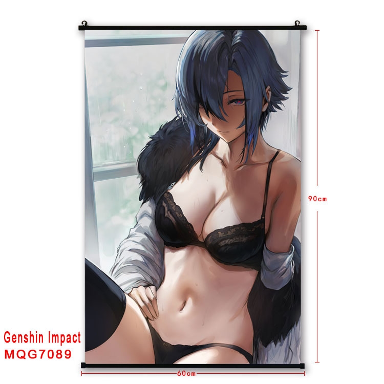 Genshin Impact Anime black Plastic rod Cloth painting Wall Scroll 60X90CM 