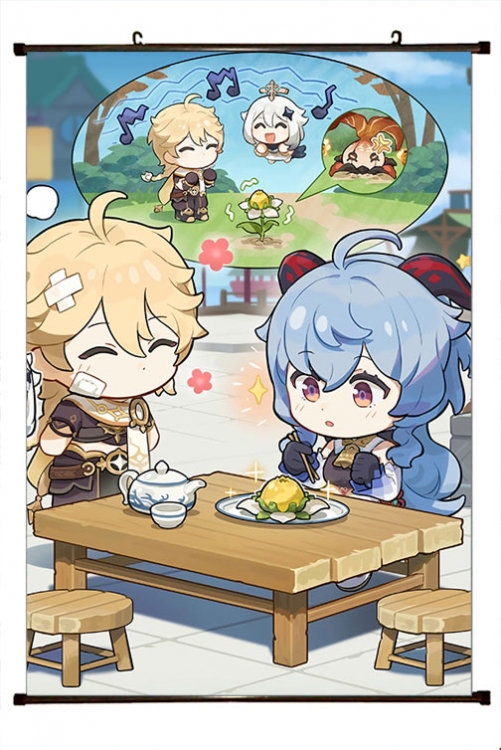 Genshin Impact Anime black Plastic rod Cloth painting Wall Scroll 60X90CM  Y1-385