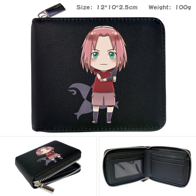 Naruto Anime zipper black leather half-fold wallet 12X10X2.5CM