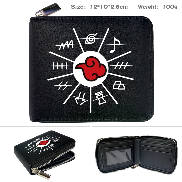 Naruto Anime zipper black leather half-fold wallet 12X10X2.5CM