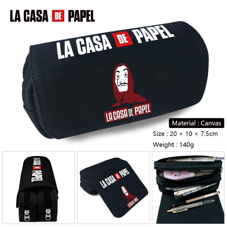 Money Heist Anime Multi-Function Double Zipper Canvas Cosmetic Bag Pen Case 20x10x7.5cm