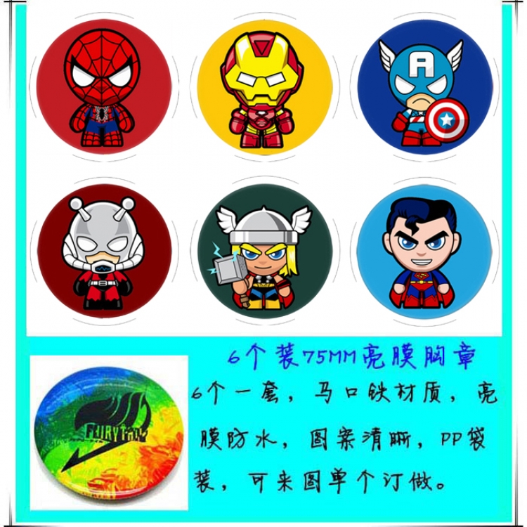 Superhero Movie Anime round Badge Bright film badge Brooch 75mm a set of 6