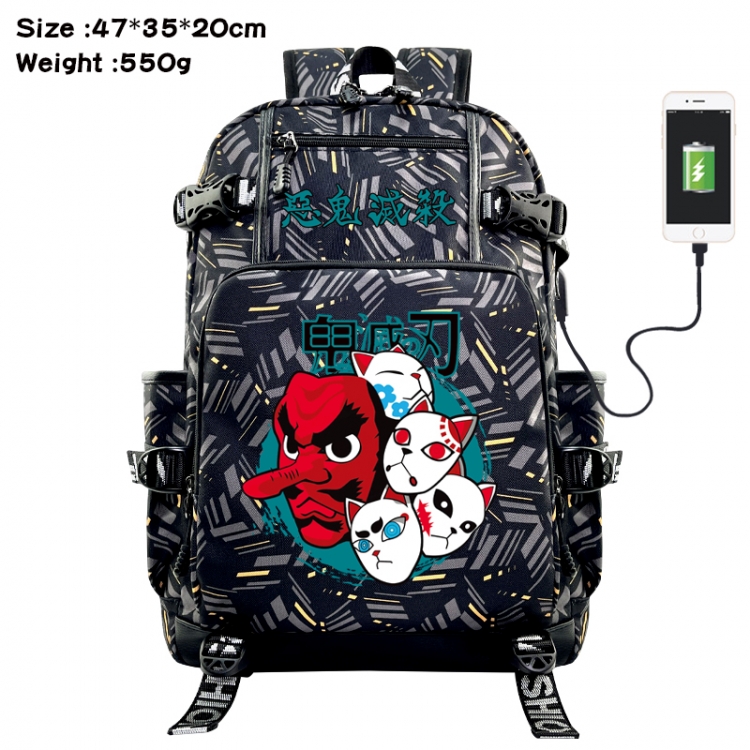 Demon Slayer Kimets Anime data cable camouflage print USB backpack schoolbag 47x35x20cm