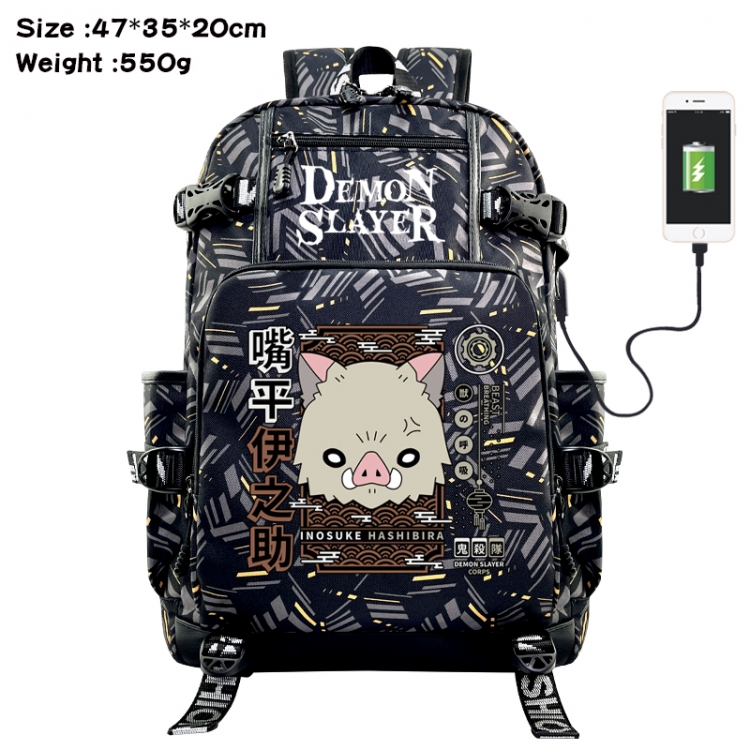 Demon Slayer Kimets Anime data cable camouflage print USB backpack schoolbag 47x35x20cm