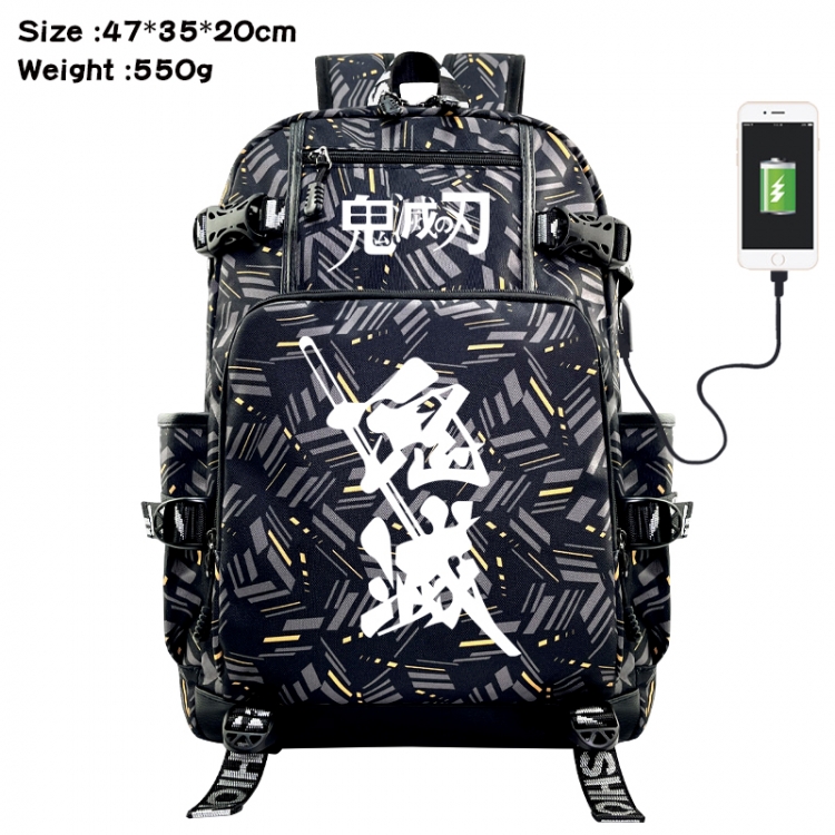Demon Slayer Kimets Anime data cable camouflage print USB backpack schoolbag 47x35x20cm