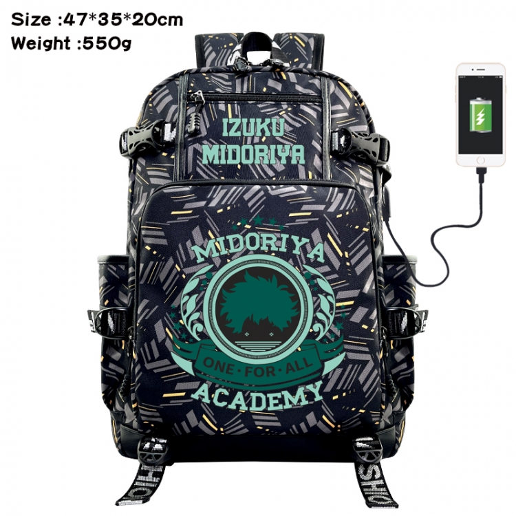 My Hero Academia Anime data cable camouflage print USB backpack schoolbag 47x35x20cm