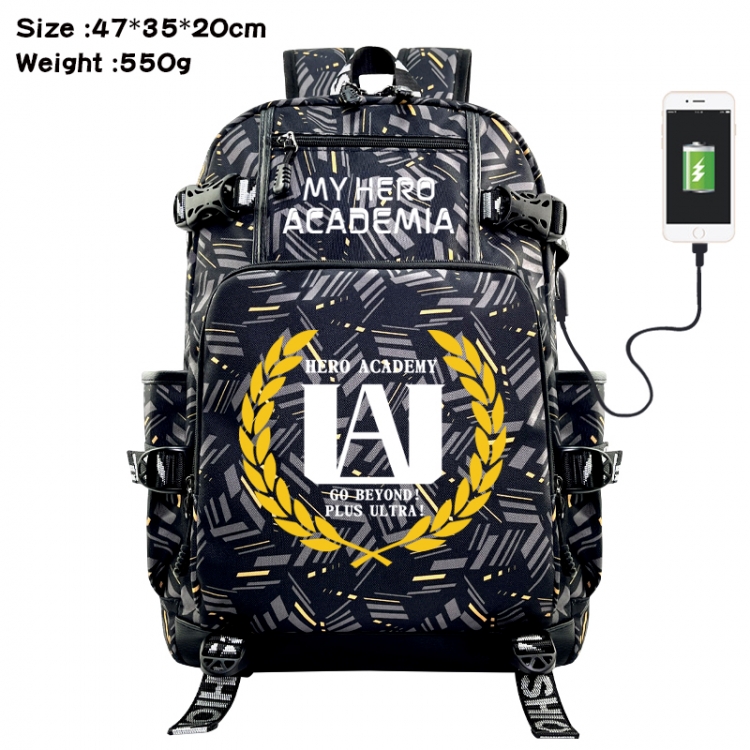 My Hero Academia Anime data cable camouflage print USB backpack schoolbag 47x35x20cm