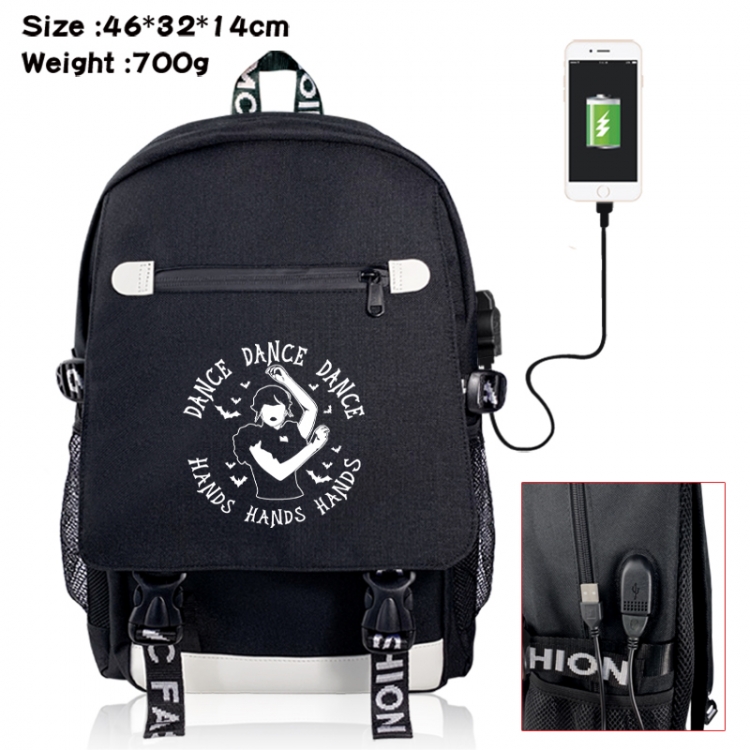 Wednesday canvas USB backpack cartoon print student backpack 46X32X14CM 700g