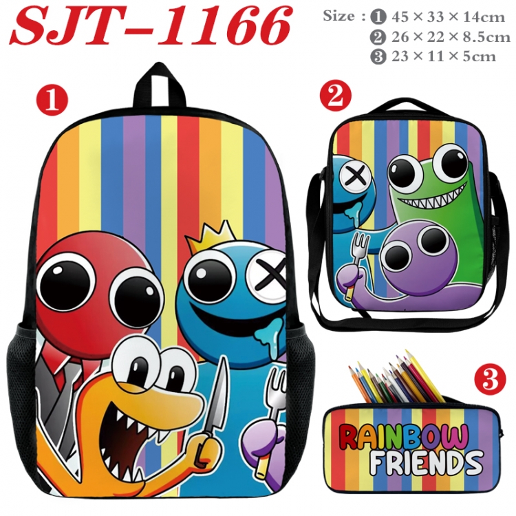 Rainbow Friend Anime nylon canvas backpack pencil case crossbody bag three piece set 45x33x14cm