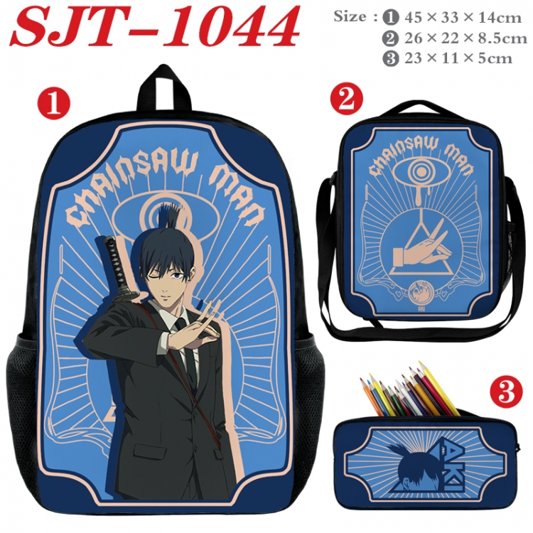 Chainsaw man Anime nylon canvas backpack pencil case crossbody bag three piece set 45x33x14cm