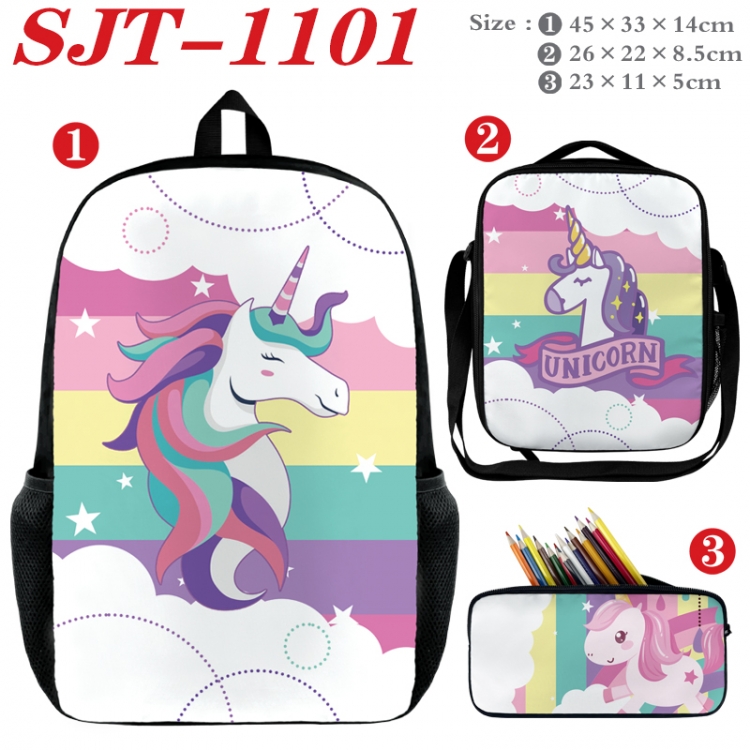 Unicorn Anime nylon canvas backpack pencil case crossbody bag three piece set 45x33x14cm