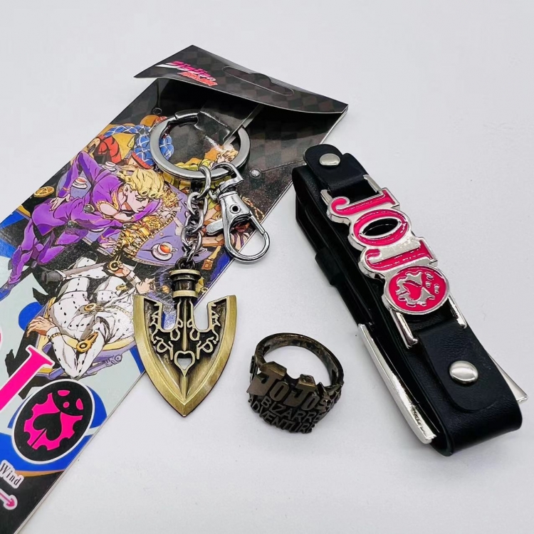 JoJos Bizarre Adventure Anime peripheral leather bracelet with ring keychain  3 piece set