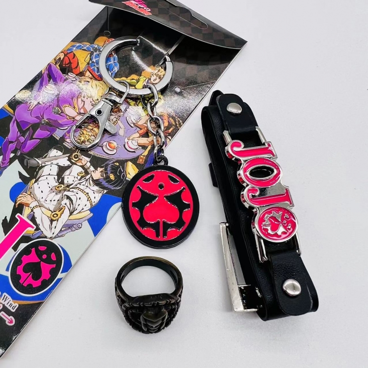 JoJos Bizarre Adventure Anime peripheral leather bracelet with ring keychain  3 piece set
