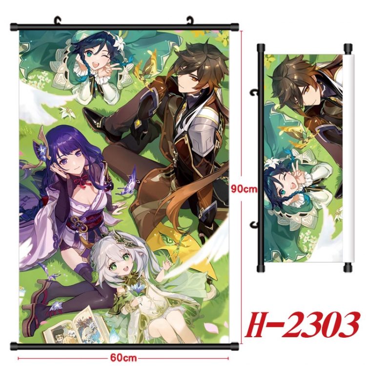 Genshin Impact Anime Black Plastic Rod Canvas Painting Wall Scroll 60X90CM H-2303