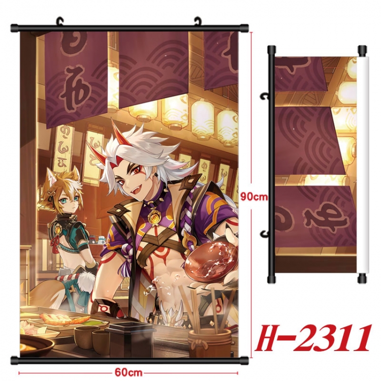 Genshin Impact Anime Black Plastic Rod Canvas Painting Wall Scroll 60X90CM H-2311