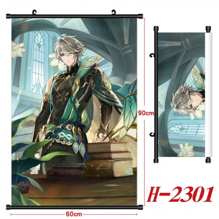 Genshin Impact Anime Black Plastic Rod Canvas Painting Wall Scroll 60X90CM H-2301