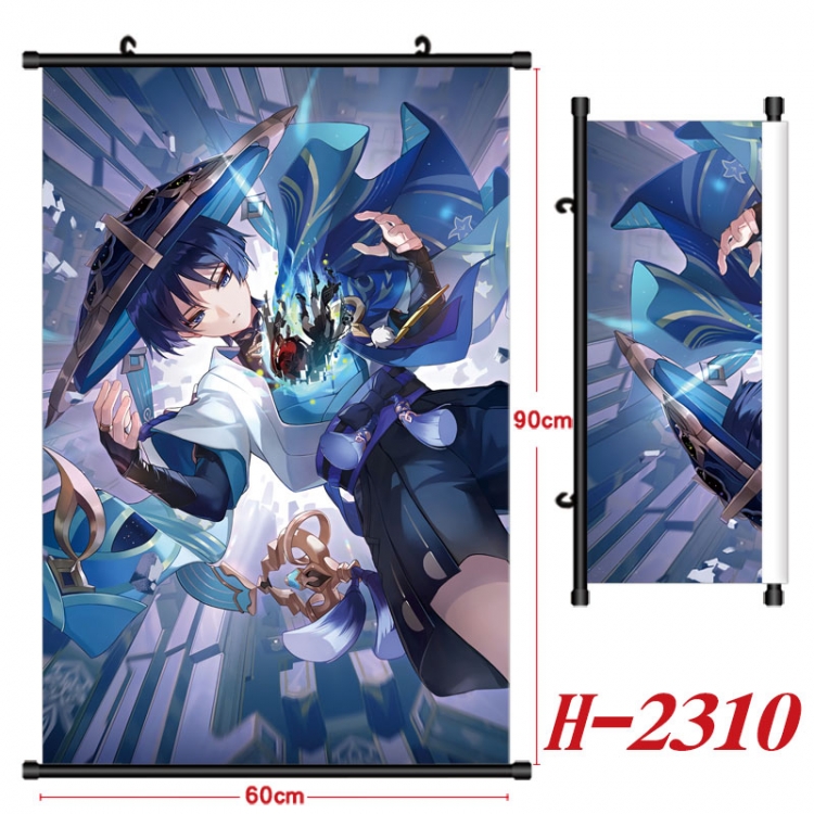 Genshin Impact Anime Black Plastic Rod Canvas Painting Wall Scroll 60X90CM H-2310