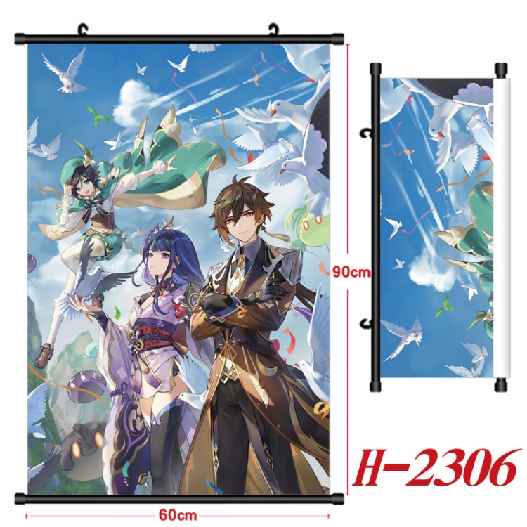 Genshin Impact Anime Black Plastic Rod Canvas Painting Wall Scroll 60X90CM H-2306