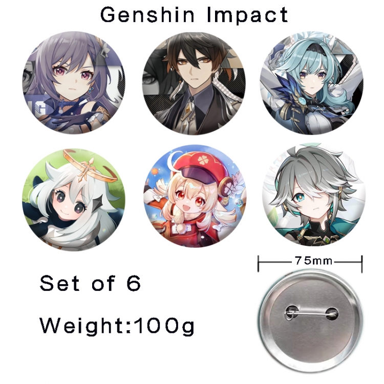 Genshin Impact Anime tinplate laser iron badge badge badge 75mm  a set of 6