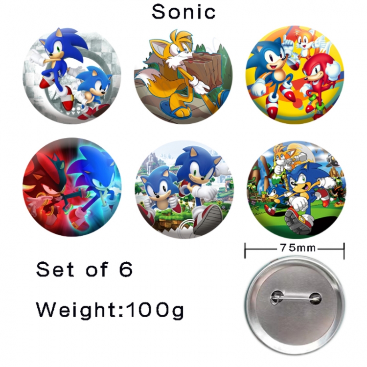 Sonic The Hedgehog Anime tinplate laser iron badge badge badge 75mm  a set of 6