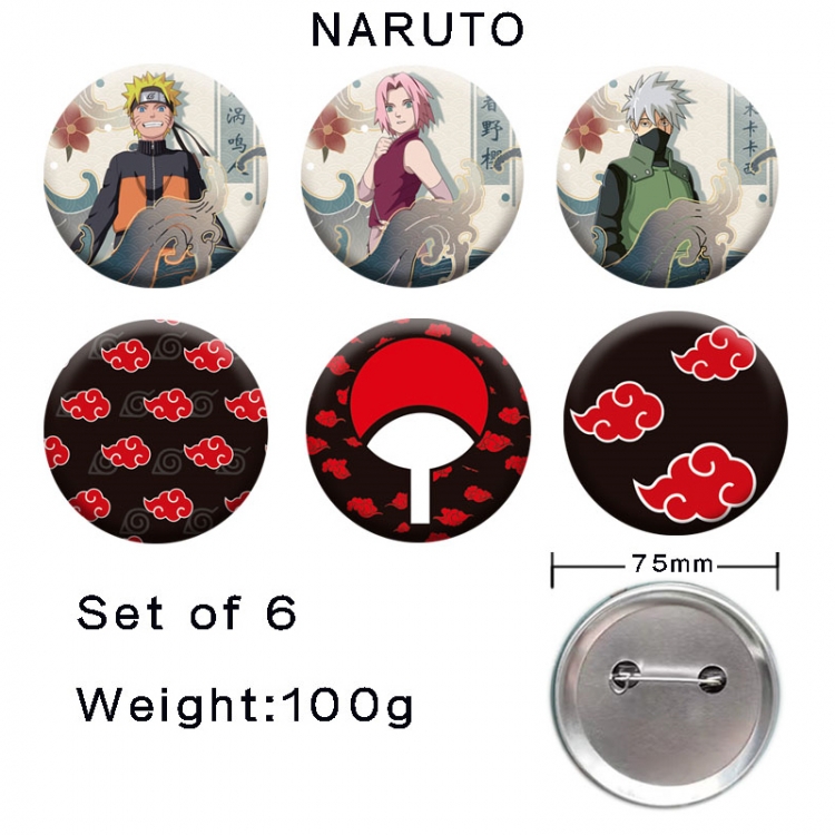 Naruto Anime tinplate laser iron badge badge badge 75mm  a set of 6