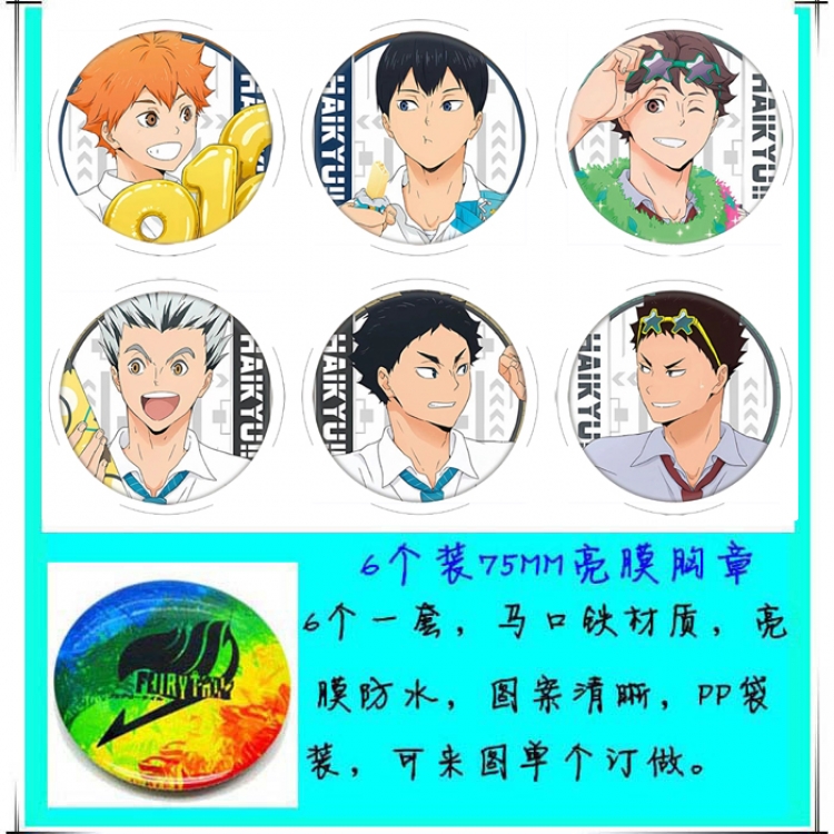 Haikyuu!! Anime round Badge Bright film badge Brooch 75mm a set of 6