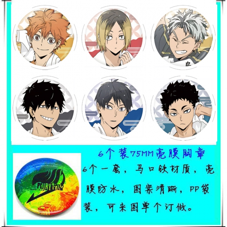 Haikyuu!! Anime round Badge Bright film badge Brooch 75mm a set of 6
