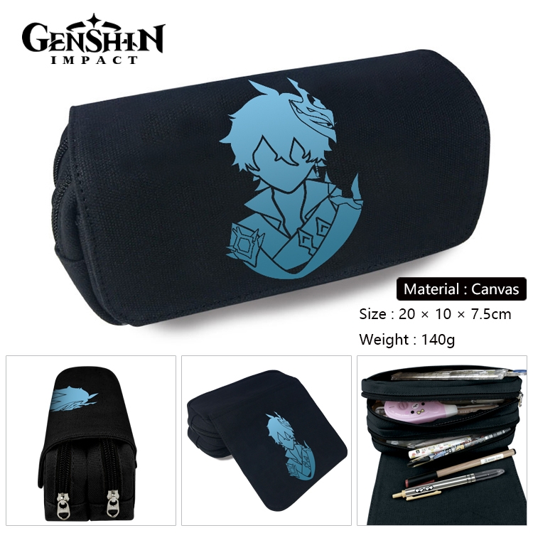 Genshin Impact Anime Multi-Function Double Zipper Canvas Cosmetic Bag Pen Case 20x10x7.5cm