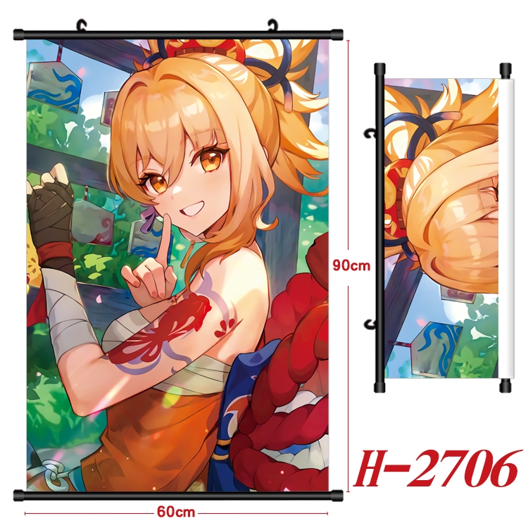 Genshin Impact Anime Black Plastic Rod Canvas Painting Wall Scroll 60X90CM