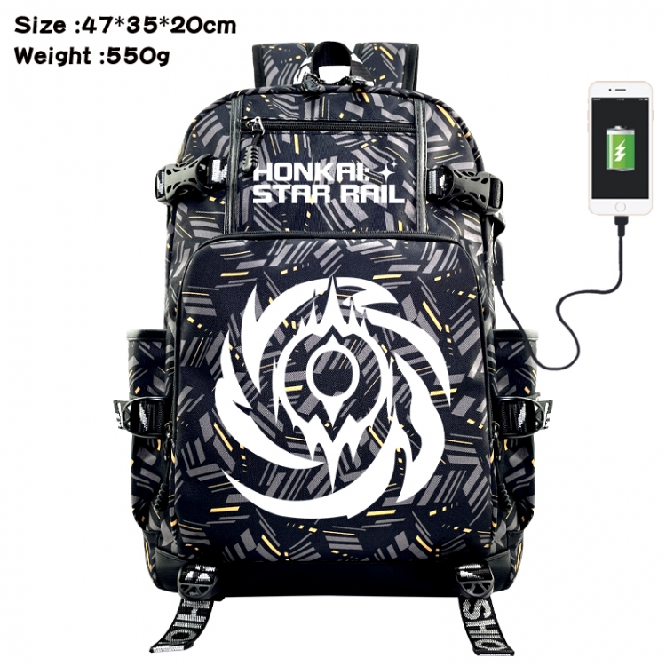 Honkai: Star Rail Anime data cable camouflage print USB backpack schoolbag 47x35x20cm