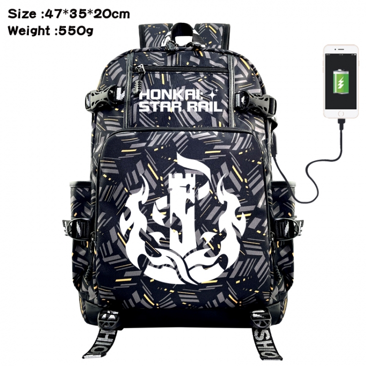 Honkai: Star Rail Anime data cable camouflage print USB backpack schoolbag 47x35x20cm