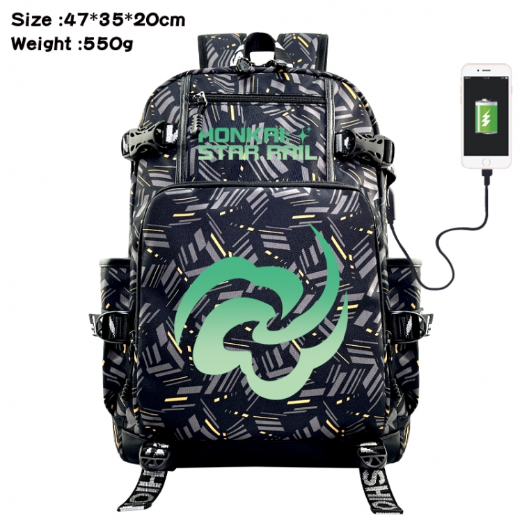 Honkai: Star Rail Anime data cable camouflage print USB backpack schoolbag 47x35x20cm