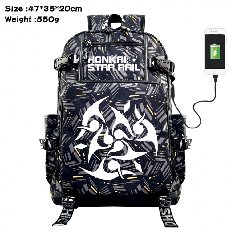Honkai: Star Rail Anime data cable camouflage print USB backpack schoolbag 47x35x20cm