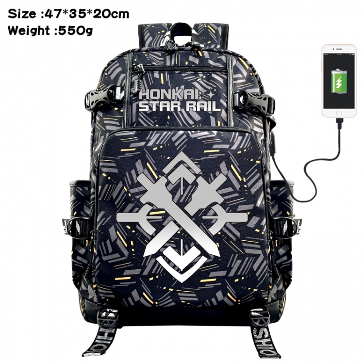 Honkai: Star Rail Anime data cable camouflage print USB backpack schoolbag 47x35x20cm