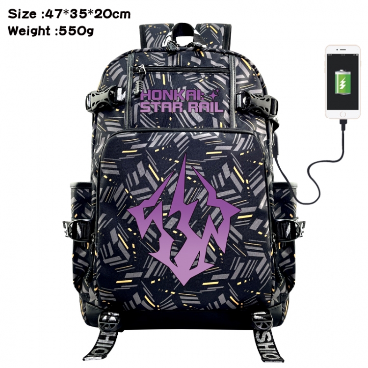 Honkai: Star Rail Anime data cable camouflage print USB backpack schoolbag 47x35x20cm
