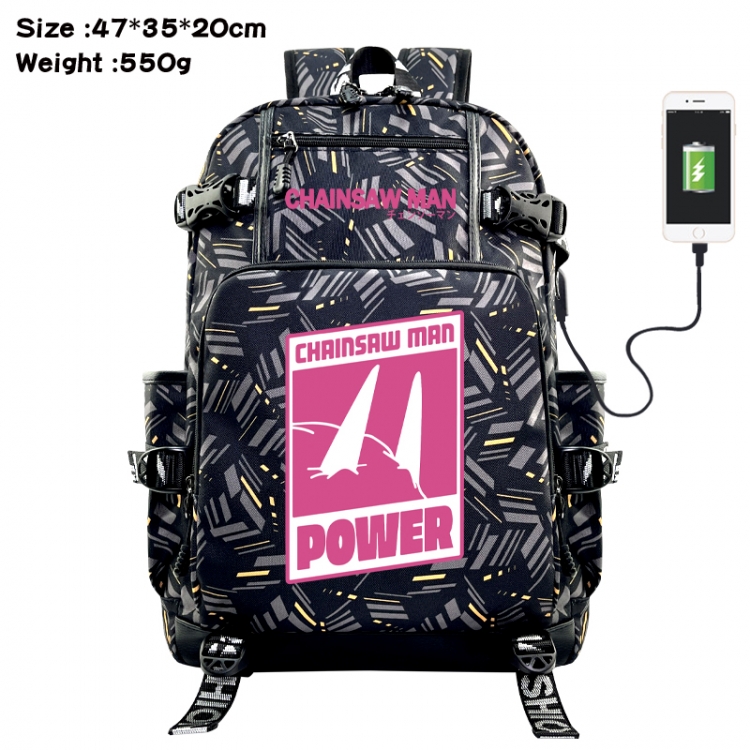Chainsawman Anime data cable camouflage print USB backpack schoolbag 47x35x20cm